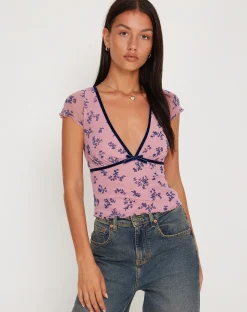 Motel Rocks Printed Tops-Livi Mesh Top in Pink and Navy Botanist Flocking