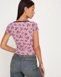 Motel Rocks Printed Tops-Livi Mesh Top in Pink and Navy Botanist Flocking