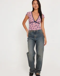 Motel Rocks Printed Tops-Livi Mesh Top in Pink and Navy Botanist Flocking