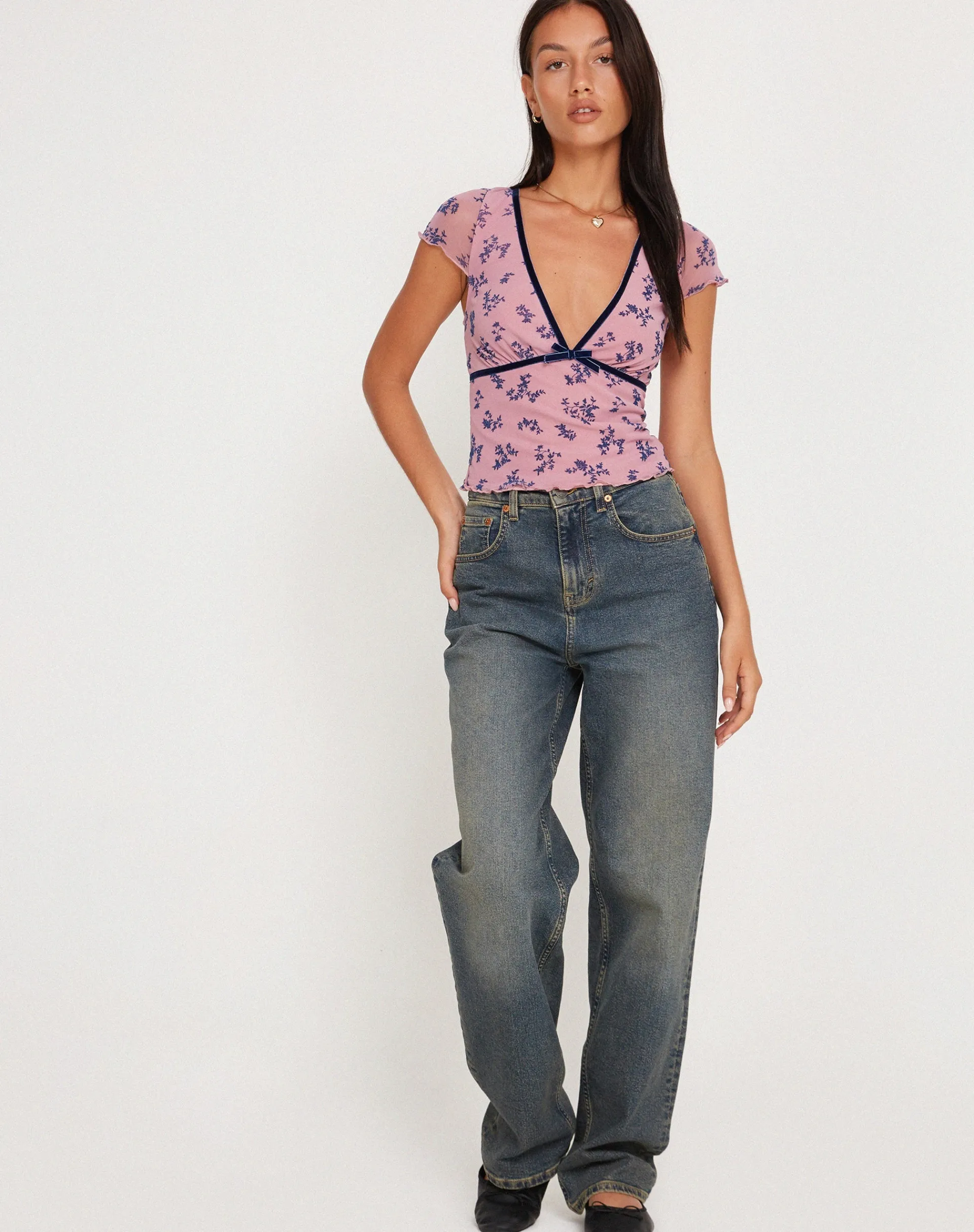 Motel Rocks Printed Tops-Livi Mesh Top in Pink and Navy Botanist Flocking