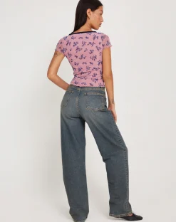 Motel Rocks Printed Tops-Livi Mesh Top in Pink and Navy Botanist Flocking