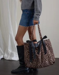 Motel Rocks Accessories-London Bag in Rar Leopard Sandstorm Print with Black Bows RarLeopardSandstormPrintwithBlackBows