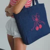 Motel Rocks Accessories-London Tote Bag in Denim Indigo with Cherry Bow Print DenimIndigowithCherryBowPrint