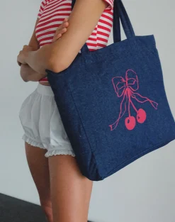 Motel Rocks Accessories-London Tote Bag in Denim Indigo with Cherry Bow Print DenimIndigowithCherryBowPrint