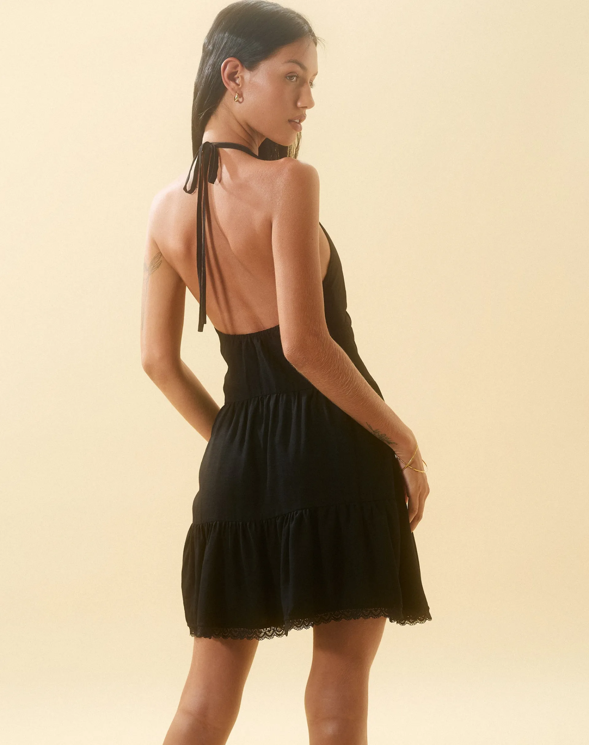Motel Rocks Little Black Dresses | Mini Dresses-Londyn Tiered Halter Mini Dress in Black