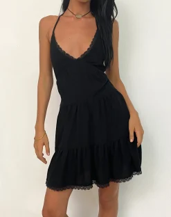 Motel Rocks Little Black Dresses | Mini Dresses-Londyn Tiered Halter Mini Dress in Black