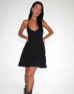 Motel Rocks Little Black Dresses | Mini Dresses-Londyn Tiered Halter Mini Dress in Black