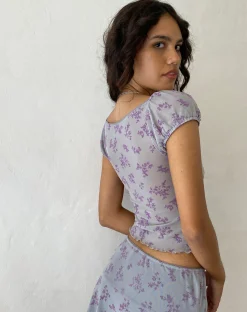 Motel Rocks Printed Tops-Lorenne Sweetheart Mesh Top in Purple Botanist Flock