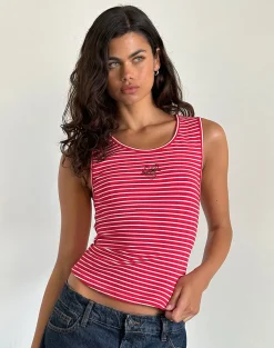 Motel Rocks Basic Tops | Vest Tops-Lorica Tank Top in Red and White Stripe with Strawberry Emb