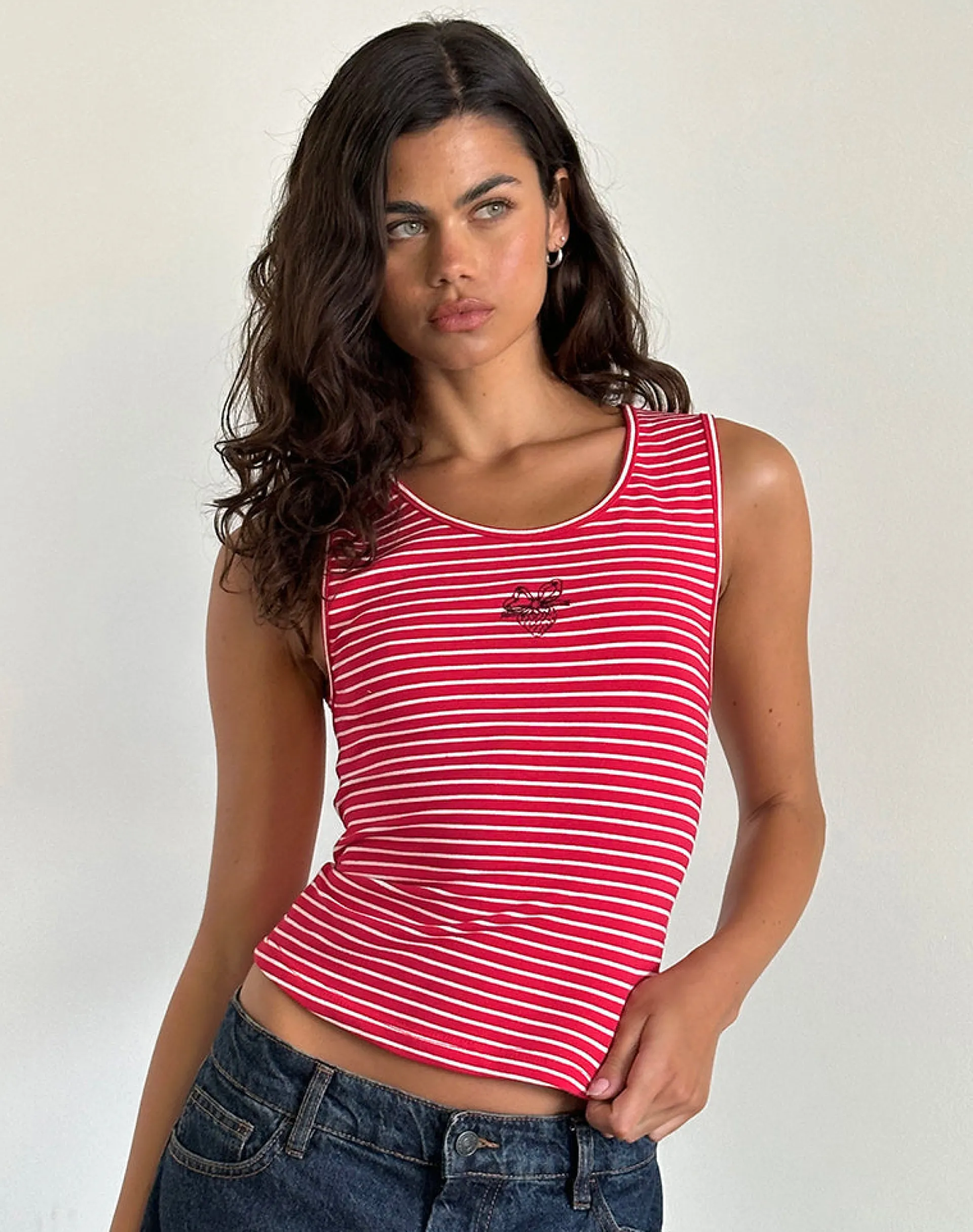 Motel Rocks Basic Tops | Vest Tops-Lorica Tank Top in Red and White Stripe with Strawberry Emb