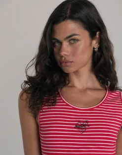 Motel Rocks Basic Tops | Vest Tops-Lorica Tank Top in Red and White Stripe with Strawberry Emb