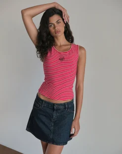 Motel Rocks Basic Tops | Vest Tops-Lorica Tank Top in Red and White Stripe with Strawberry Emb