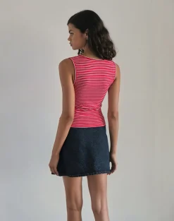 Motel Rocks Basic Tops | Vest Tops-Lorica Tank Top in Red and White Stripe with Strawberry Emb