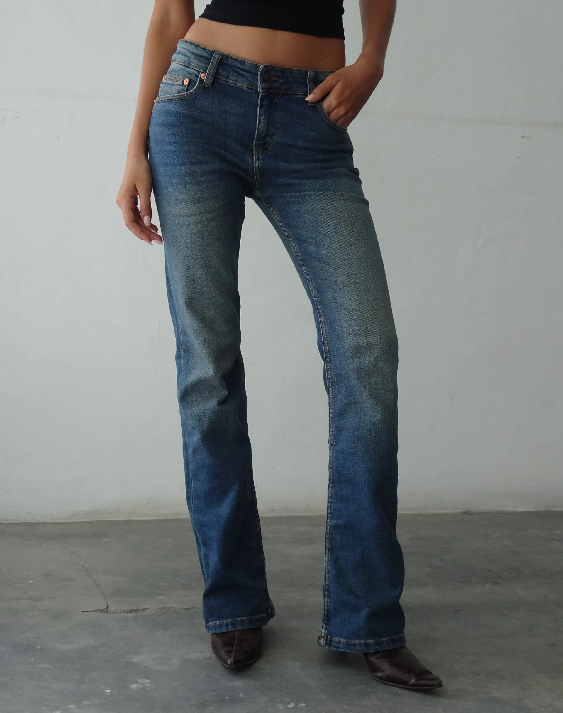 Motel Rocks Low Rise Pants | Jeans-Low Rise Bootleg Jeans in Mid Vintage Blue MidVintageBlue