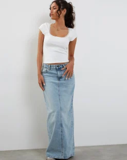 Motel Rocks Denim Skirts | Maxi Skirts-Low Rise Denim Maxi Skirt in Bleach Denim BleachDenim