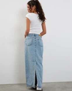 Motel Rocks Denim Skirts | Maxi Skirts-Low Rise Denim Maxi Skirt in Bleach Denim BleachDenim