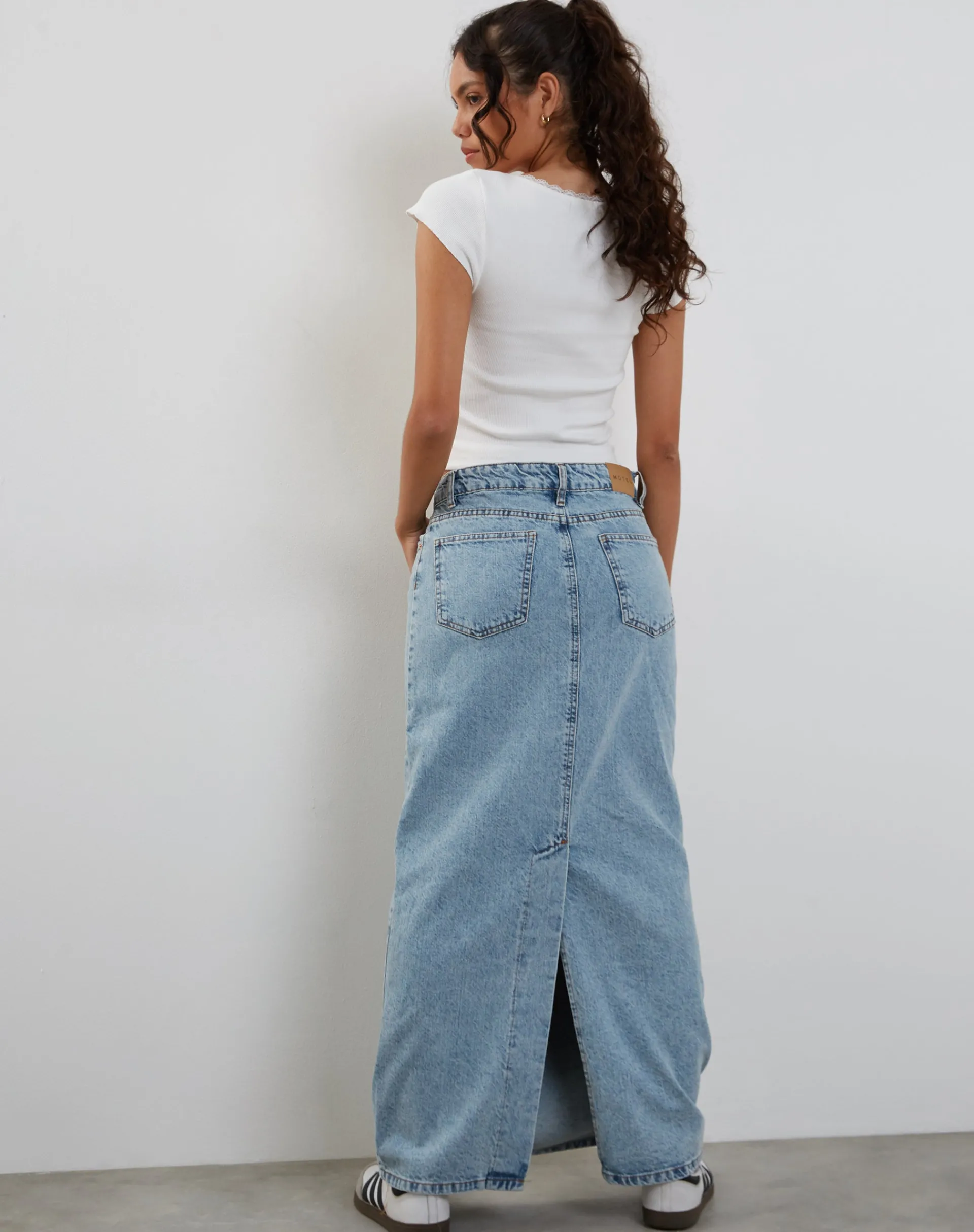 Motel Rocks Denim Skirts | Maxi Skirts-Low Rise Denim Maxi Skirt in Bleach Denim BleachDenim