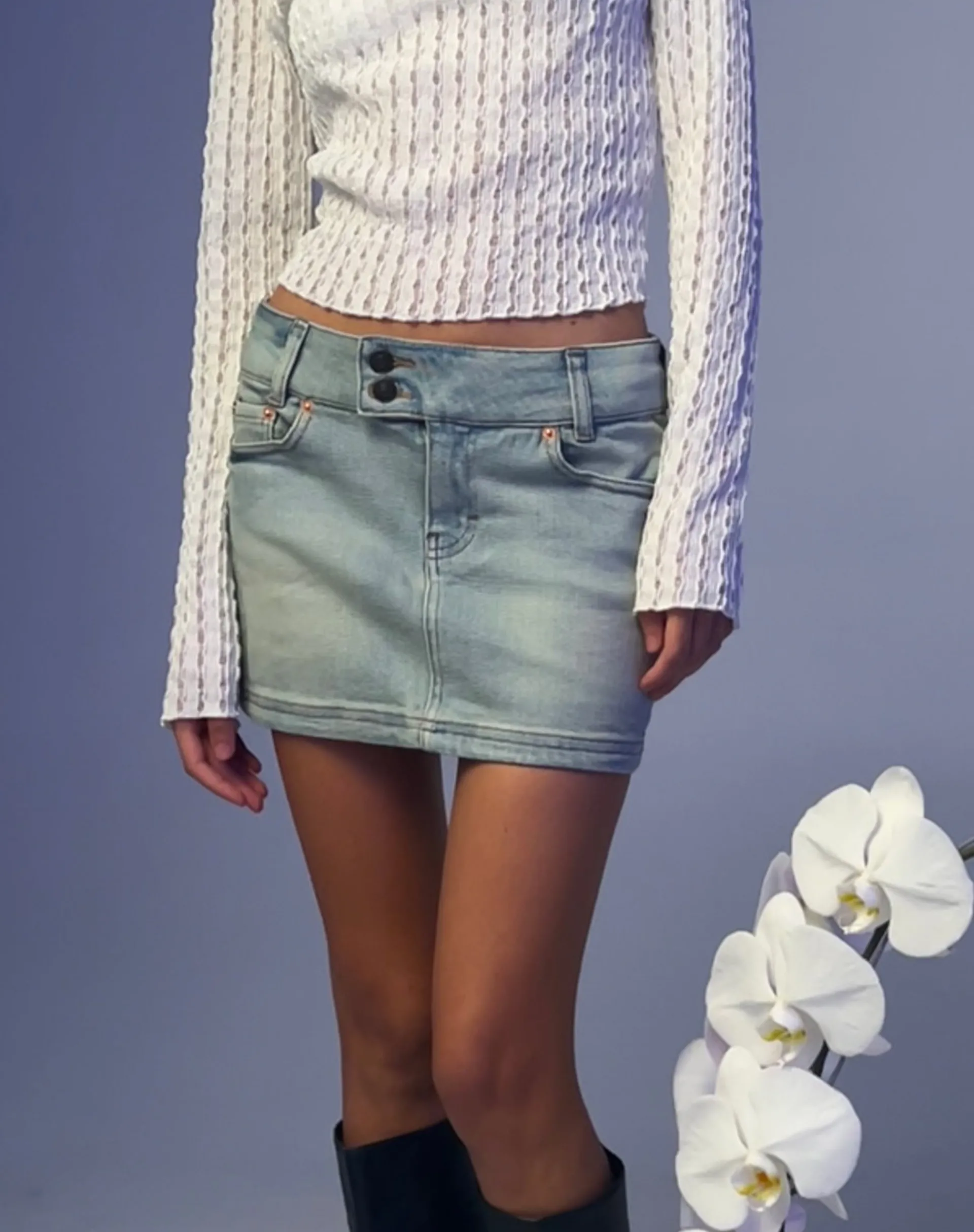 Motel Rocks Basics | Denim Skirts-Low Rise Denim Mini Skirt in Super Bleach SuperBleach