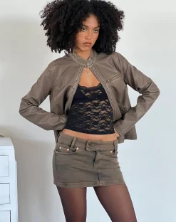 Motel Rocks Denim Skirts-Low Rise Denim Mini Skirt in Sand