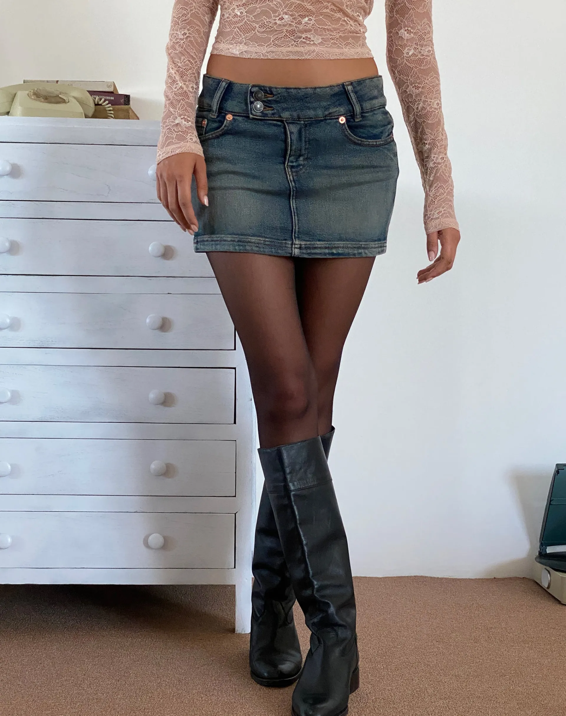 Motel Rocks Denim Skirts-Low Rise Denim Mini Skirt in Desert Wash DesertWash