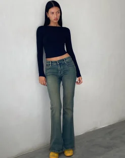 Motel Rocks Low Rise Pants | Jeans-Low Rise Flared Jeans in Green Wash GreenWash