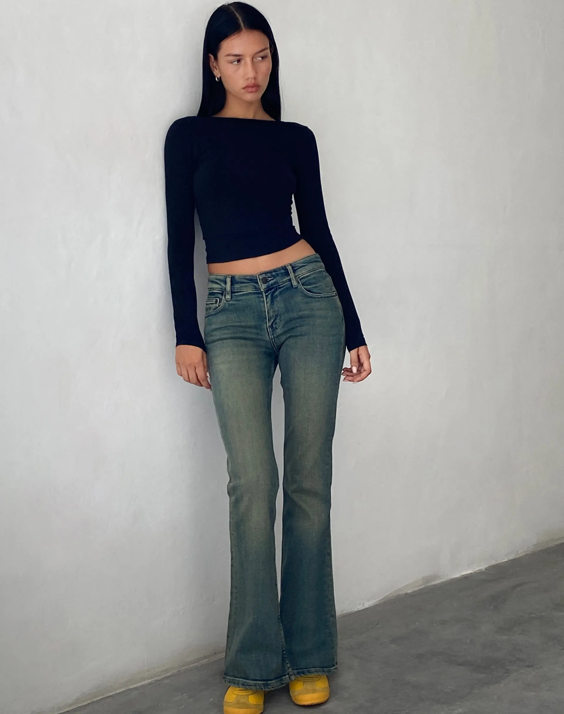 Motel Rocks Low Rise Pants | Jeans-Low Rise Flared Jeans in Green Wash GreenWash