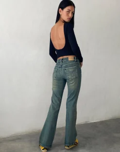 Motel Rocks Low Rise Pants | Jeans-Low Rise Flared Jeans in Green Wash GreenWash