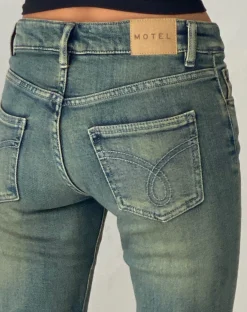 Motel Rocks Low Rise Pants | Jeans-Low Rise Flared Jeans in Green Wash GreenWash