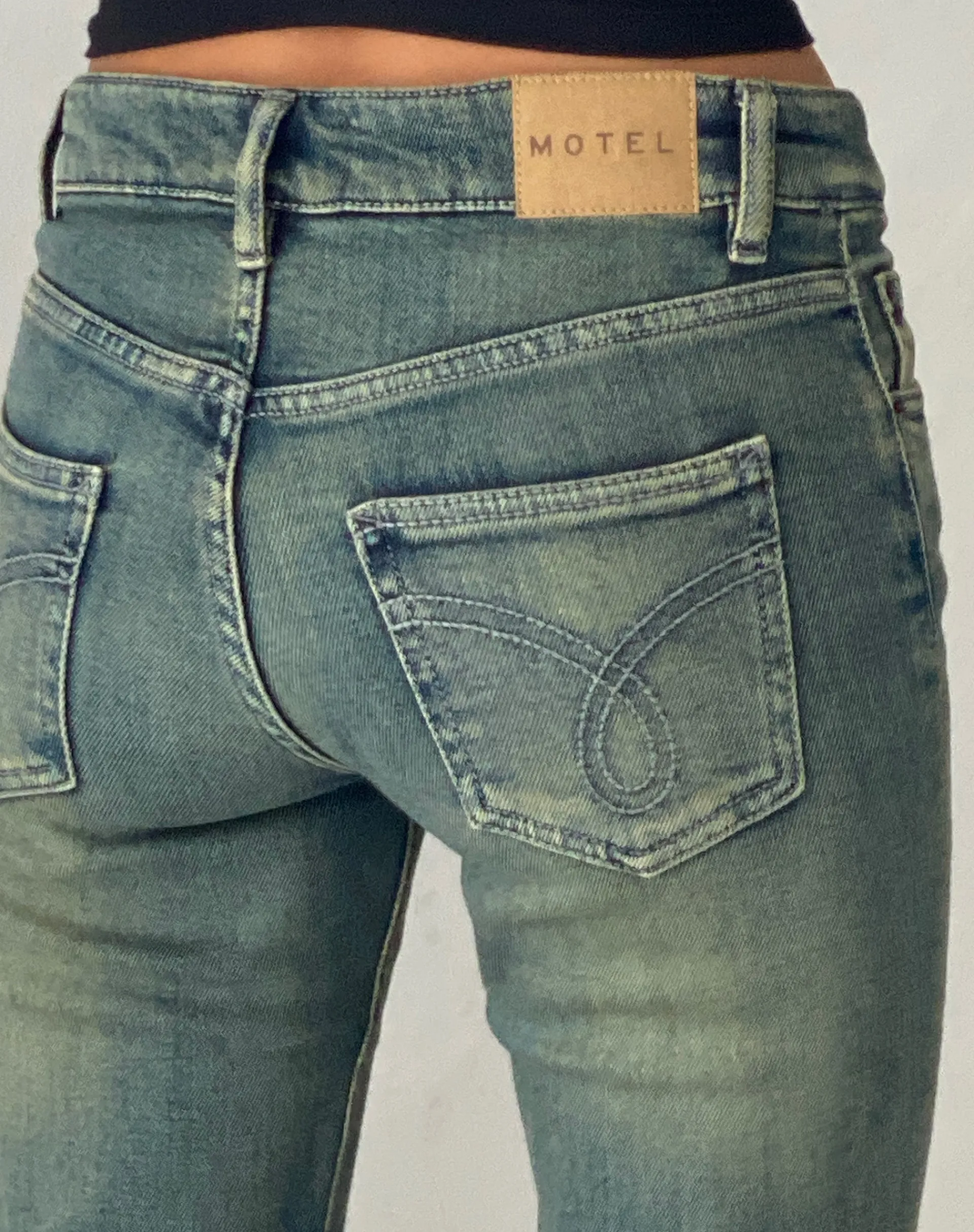 Motel Rocks Low Rise Pants | Jeans-Low Rise Flared Jeans in Green Wash GreenWash