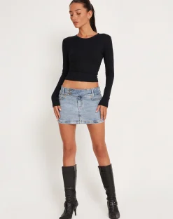 Motel Rocks Denim Skirts | Mini Skirts-Low Rise Mini Skirt in Light Wash Blue LightWashBlue
