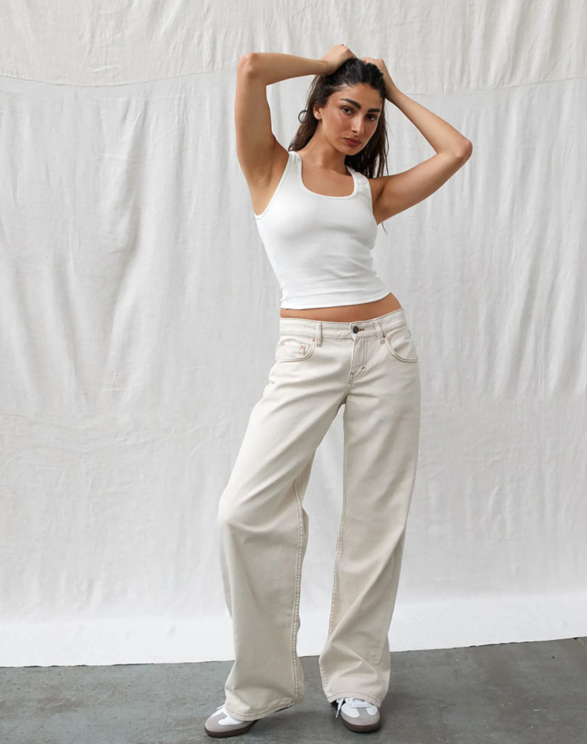 Motel Rocks Jeans | Straight Leg Jeans-Low Rise Parallel Jeans in Off White OffWhite