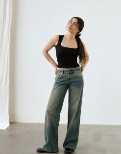 Motel Rocks Jeans | Straight Leg Jeans-Low Rise Parallel Jeans in Brown Blue Acid BrownBlueAcid