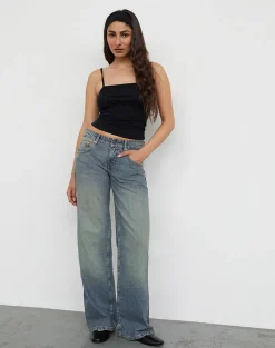Motel Rocks Jeans | Straight Leg Jeans-Low Rise Parallel Jeans in Extreme Blue Green ExtremeBlueGreen