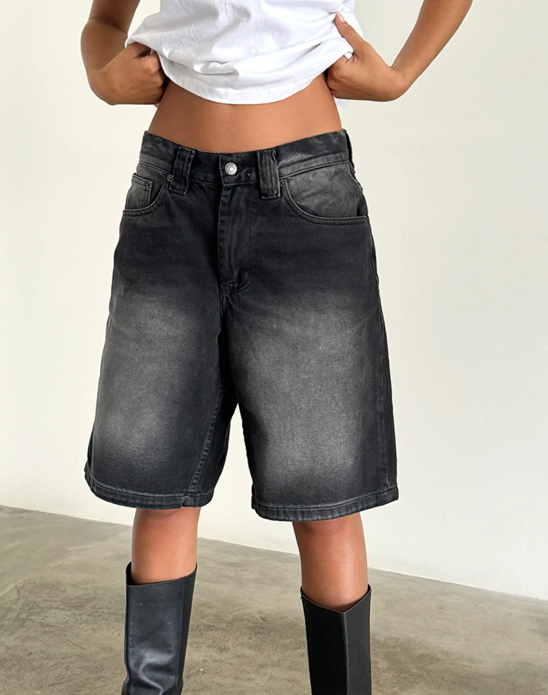 Motel Rocks Jorts-Low Rise Skater Short in Extreme Black ExtremeBlack