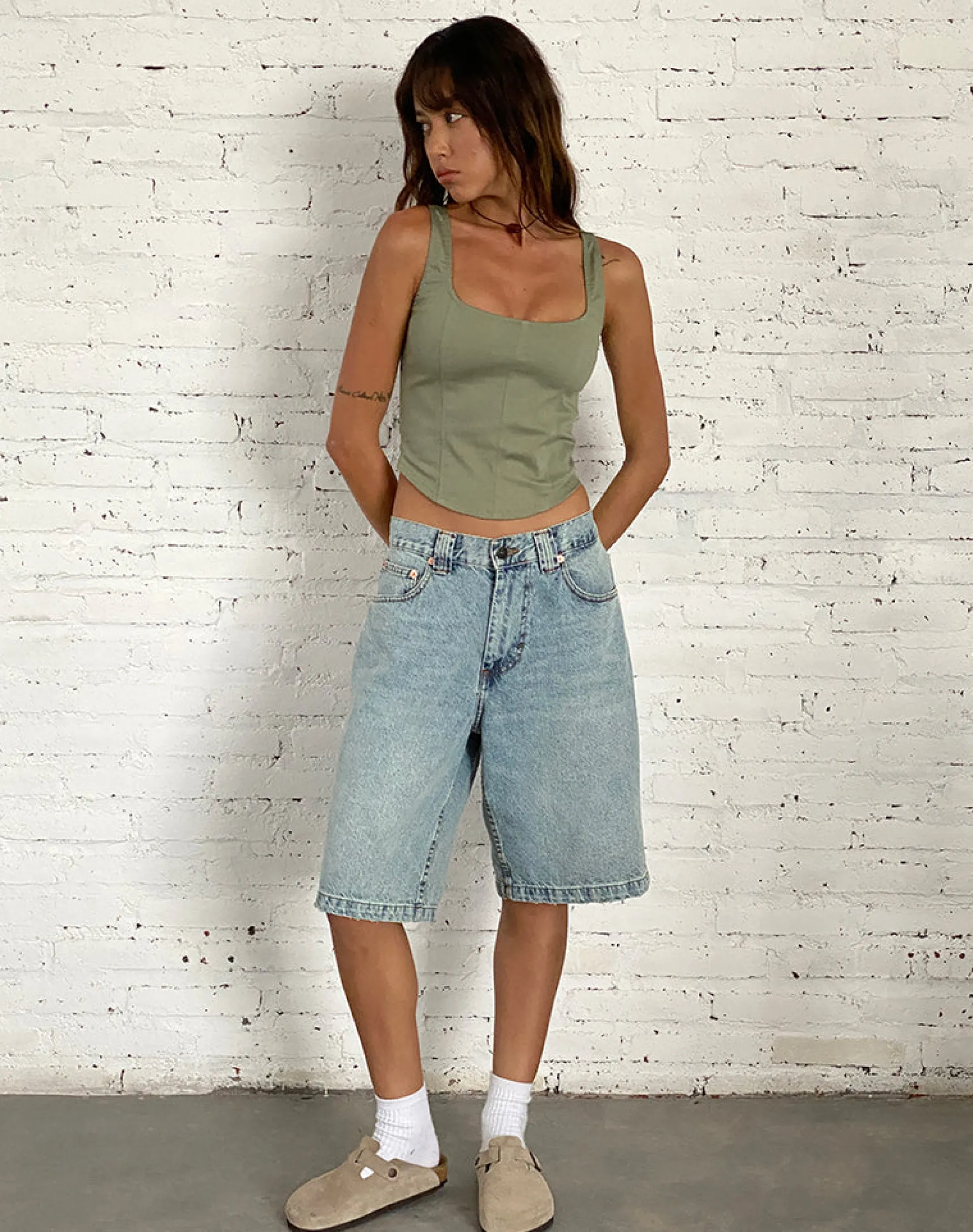 Motel Rocks Jorts-Low Rise Skater Shorts in Bleach Denim BleachDenim
