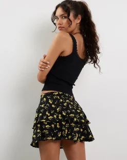 Motel Rocks Mini Skirts-Lowisa Frill Mini Skirt in Buttercup Black Yellow ButtercupBlackYellow