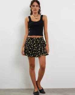 Motel Rocks Mini Skirts-Lowisa Frill Mini Skirt in Buttercup Black Yellow ButtercupBlackYellow