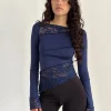 Motel Rocks Long Sleeve Tops | Lace Tops-Lucca Long Sleeve Top in Slinky Lace Navy Blue SlinkyLaceNavyBlue