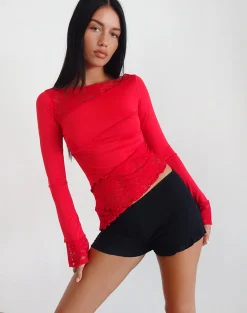 Motel Rocks Long Sleeve Tops | Lace Tops-Lucca Long Sleeve Top in Slinky Lace Red SlinkyLaceRed