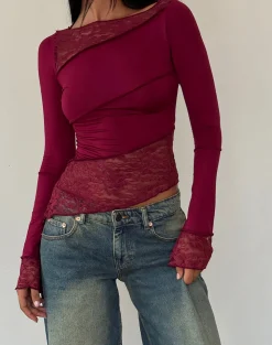 Motel Rocks Basic Tops | Long Sleeve Tops-Lucca Long Sleeve Top in Burgundy