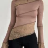 Motel Rocks Basic Tops | Long Sleeve Tops-Lucca Long Sleeve Top in Slinky Lace Mocha SlinkyLaceMocha