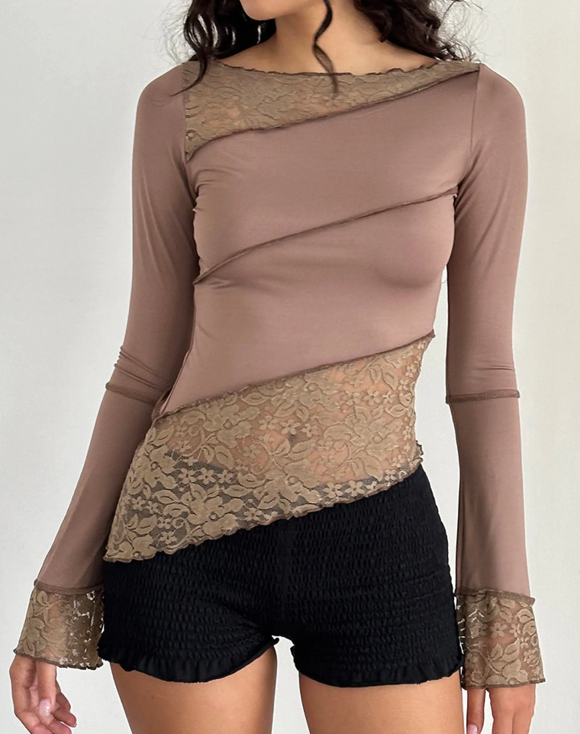 Motel Rocks Basic Tops | Long Sleeve Tops-Lucca Long Sleeve Top in Slinky Lace Mocha SlinkyLaceMocha