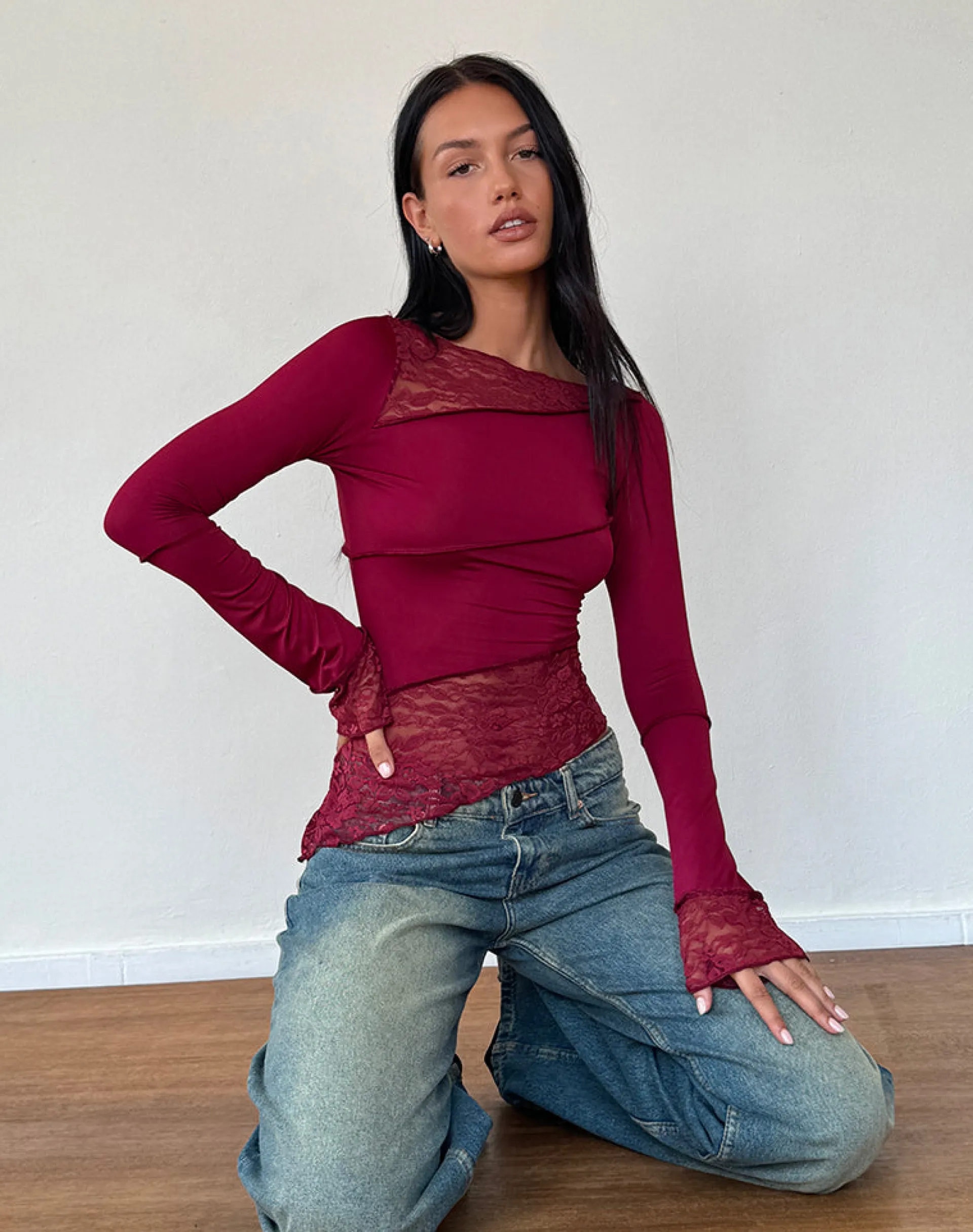 Motel Rocks Basic Tops | Long Sleeve Tops-Lucca Long Sleeve Top in Burgundy