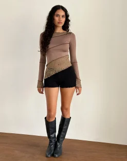 Motel Rocks Basic Tops | Long Sleeve Tops-Lucca Long Sleeve Top in Slinky Lace Mocha SlinkyLaceMocha