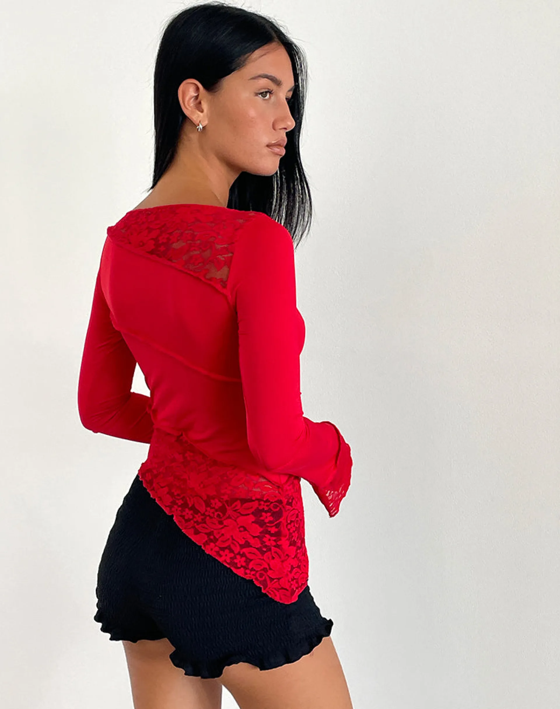 Motel Rocks Long Sleeve Tops | Lace Tops-Lucca Long Sleeve Top in Slinky Lace Red SlinkyLaceRed