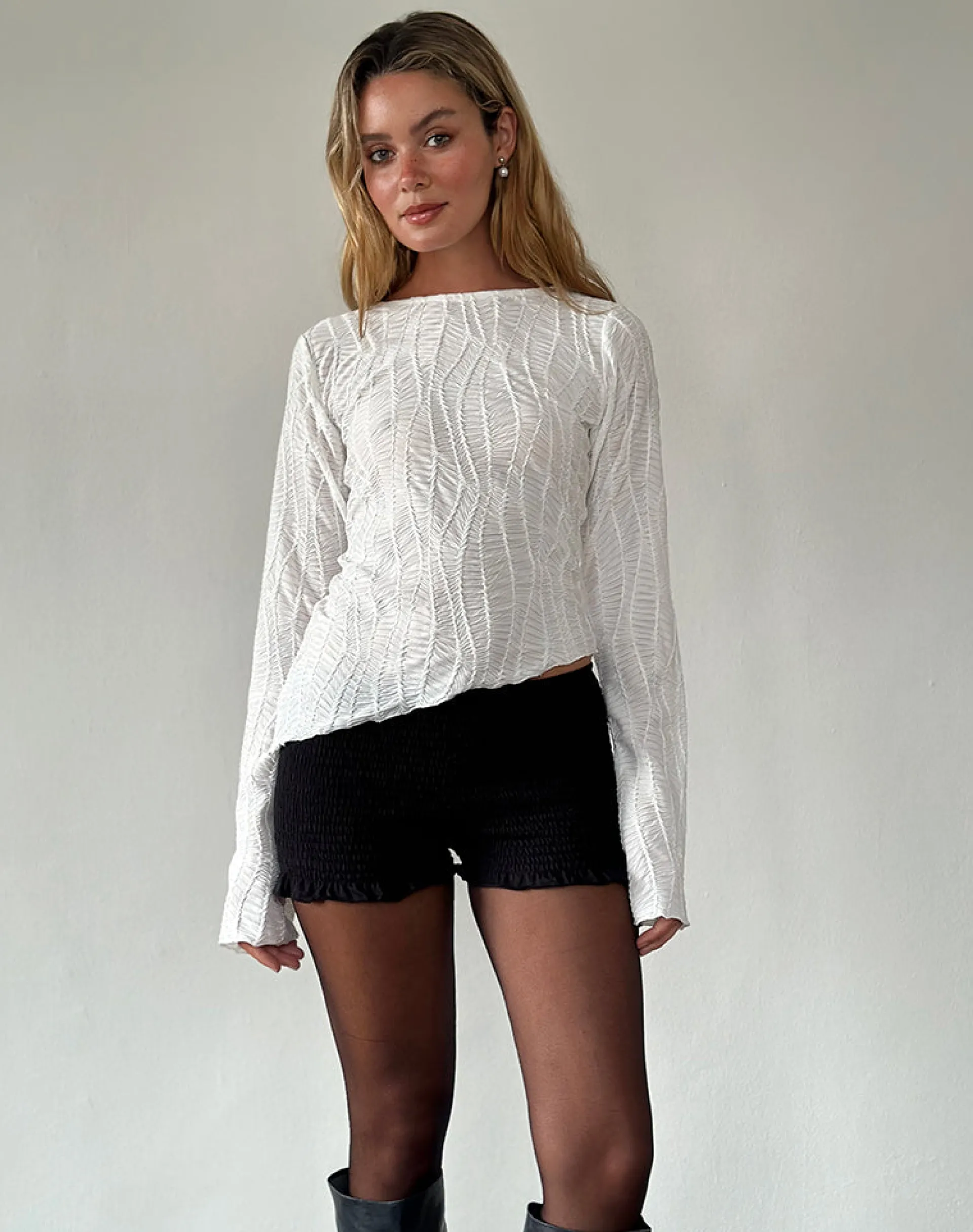 Motel Rocks Basic Tops | Long Sleeve Tops-Lucca Ripple Top Jacquard White JacquardWhite
