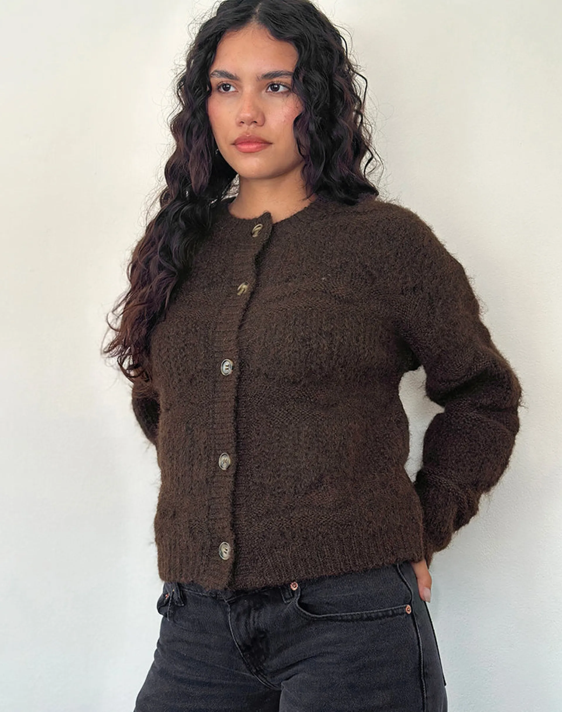 Motel Rocks Cardigans-Luciana Textured Knit Cardi in Dark Brown DarkBrown