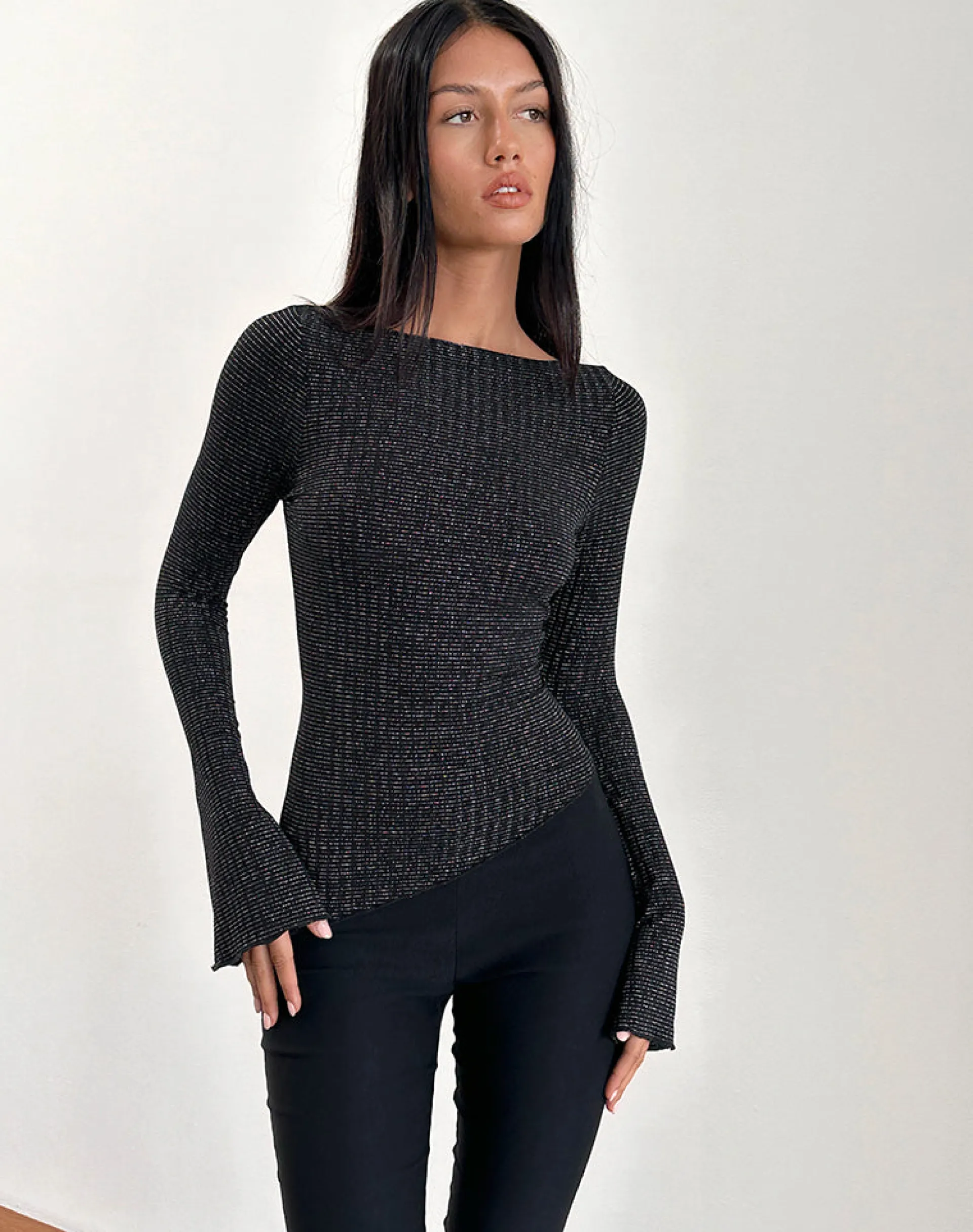 Motel Rocks Printed Tops | Long Sleeve Tops-Lukia Long Sleeve Top in Metallic Stripe Jersey Black