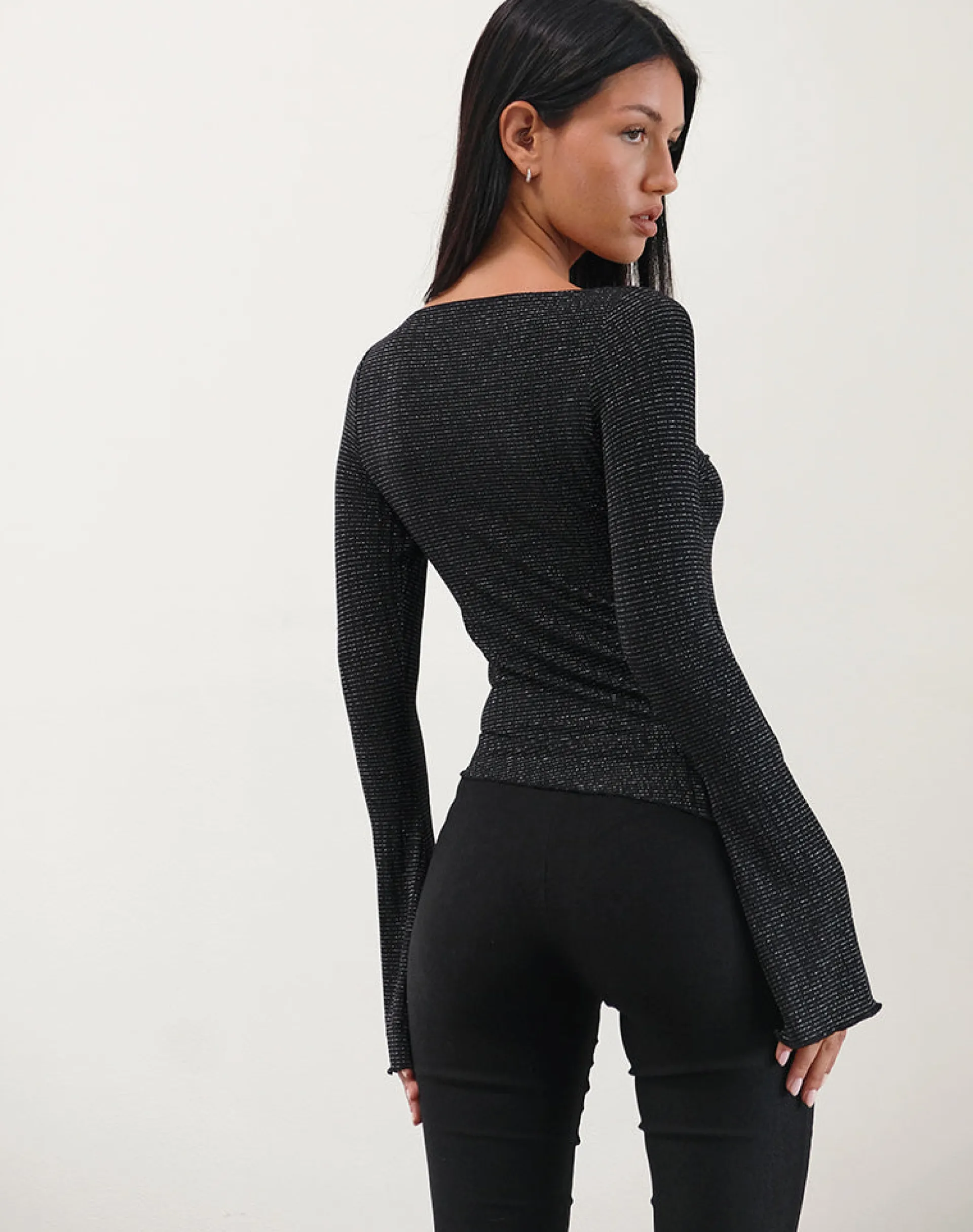 Motel Rocks Printed Tops | Long Sleeve Tops-Lukia Long Sleeve Top in Metallic Stripe Jersey Black