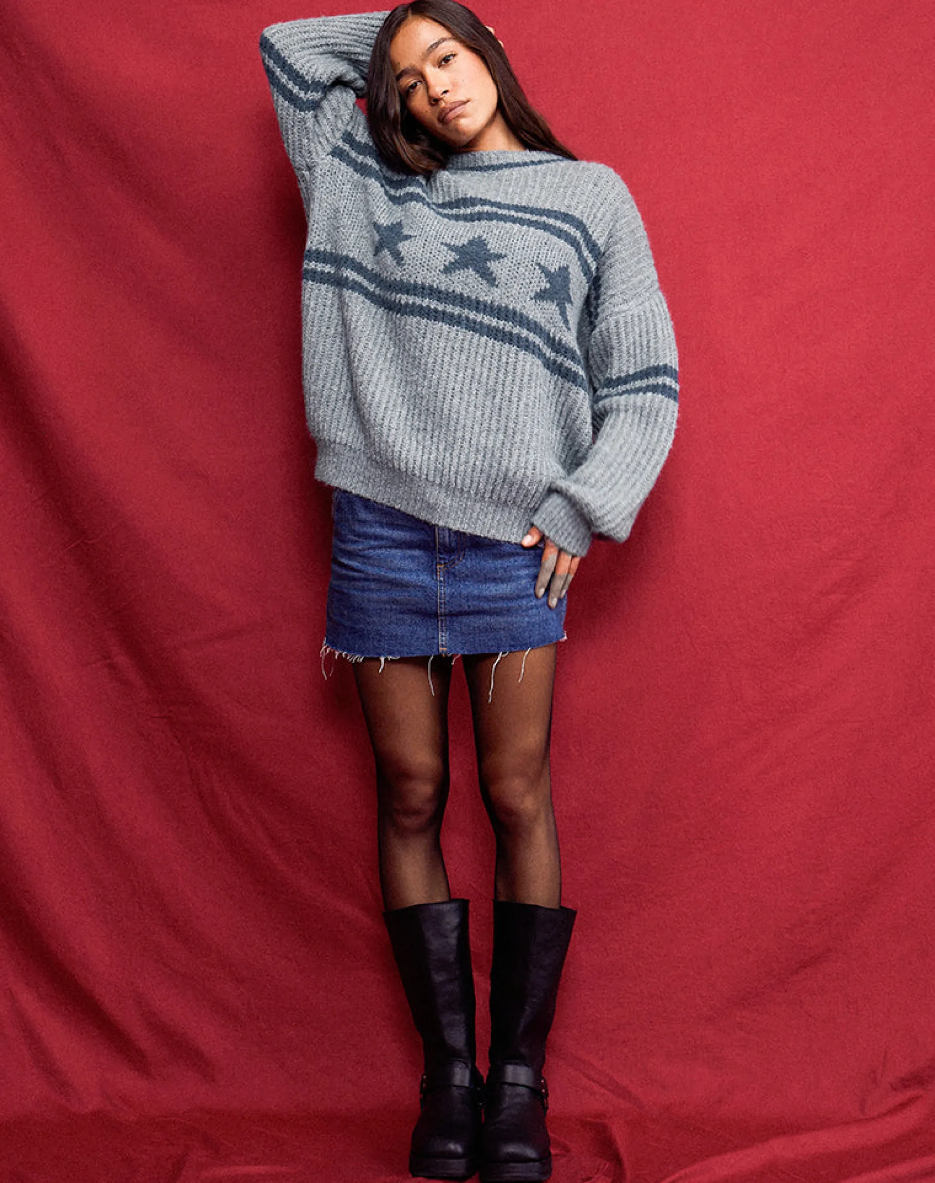 Motel Rocks Jumpers-Lulees Jumper in Star Stripe Grey StarStripeGrey